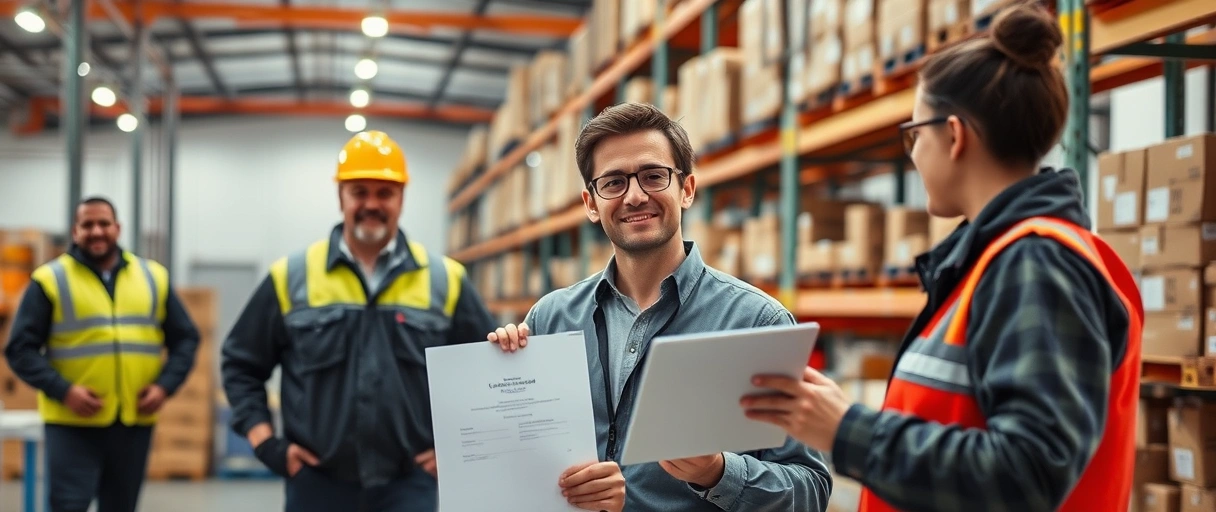 Eine dynamische Szene zeigt Fachkräfte in einer modernen Logistikumgebung, während eine Person symbolisch ein Zeugnis hält, um die Verbindung von Ausbildung und praxisnahen Einkaufsprozessen zu betonen. Im Hintergrund sind organisierte Lagerregale und digitale Tools zu sehen, die effiziente Supply-Chain-Abläufe verdeutlichen.