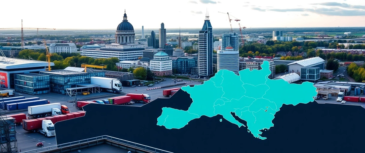 Ein Bild zeigt die Skyline Aachens mit Dom und RWTH, kombiniert mit einem lebhaften Logistikzentrum aus LKWs, Hochregallagern und Containern vor einer Karte der Benelux-Region, ergänzt durch moderne Technologieelemente und Start-up-Szenen.