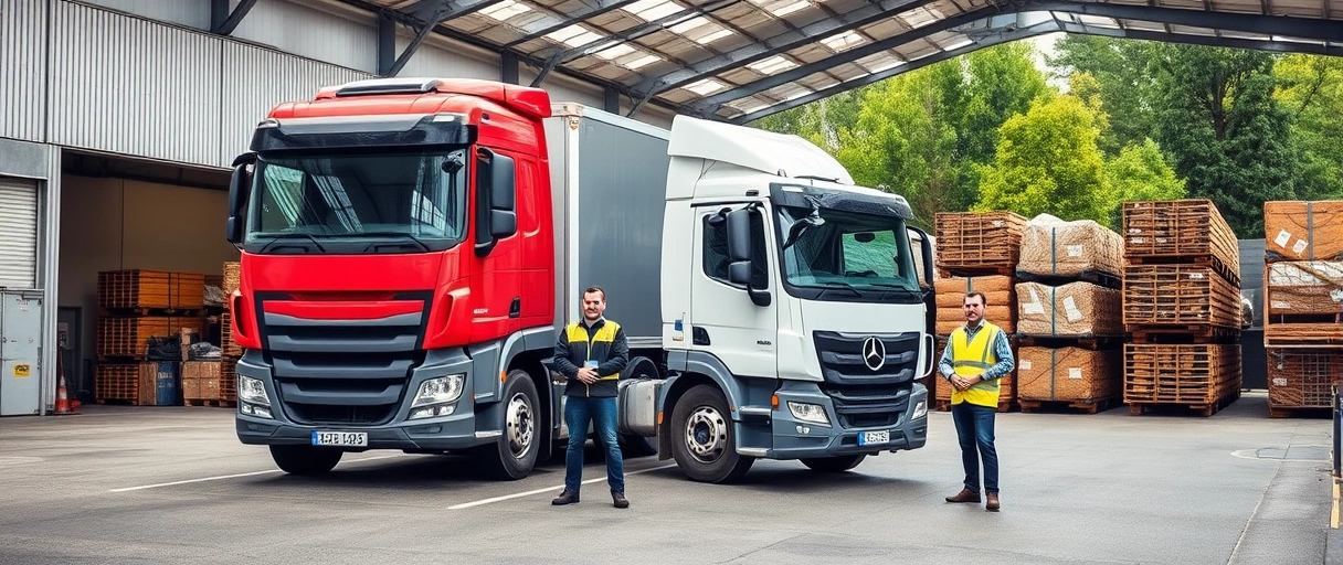Ein dynamisches Lagerhaus in Aarau mit Mitarbeitenden, die Ware organisieren, einem beladenen LKW und Schweizer Fahne im Hintergrund. Moderne Logistiktechnik und Teamarbeit unterstreichen das professionelle Umfeld.