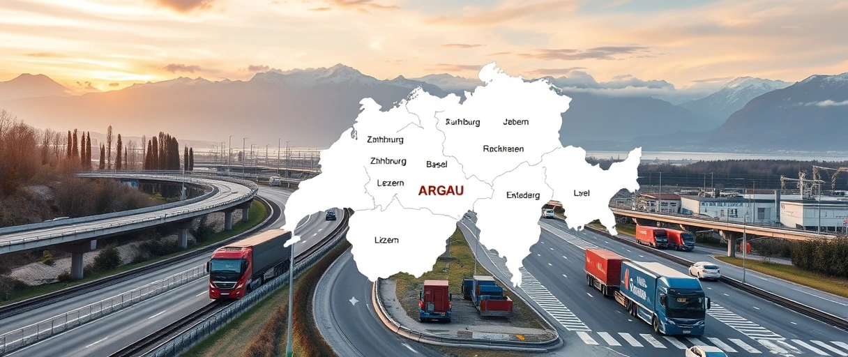 Ein Bild mit einer Karte der Schweiz, die den zentral gelegenen Aargau zwischen Zürich, Basel und Luzern hervorhebt, umgeben von Autobahnen, Güterzügen und modernen Logistikzentren. Im Vordergrund sind Lastwagen auf der A1/A3 sowie ein symbolischer Umschlagplatz mit Containern zu sehen.
