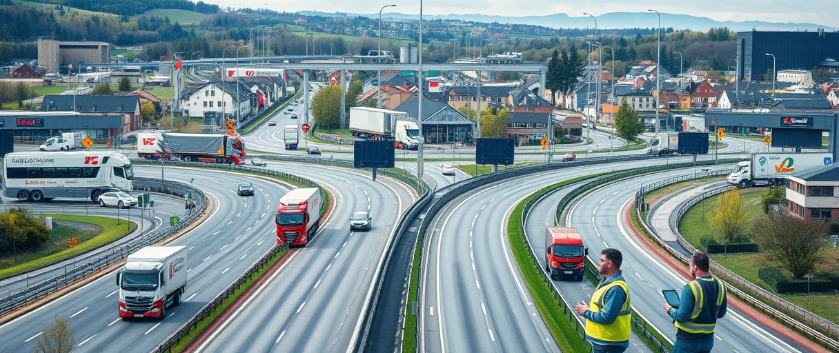 Ein Bild zeigt eine moderne Stadtansicht von Ansbach mit hervorgehobenen Autobahnen (A6) und Logistikzentren im Vordergrund, umgeben von LKWs, Lagerhallen und vernetzten Transportrouten. Im Hintergrund sind traditionelle Gebäude und ein dynamisches Berufsumfeld mit Menschen in Sicherheitswesten zu sehen, die Warendisplays oder Tablets nutzen.