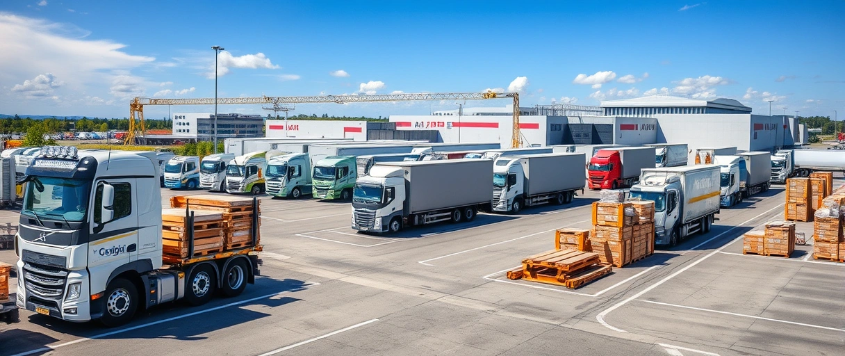 Ein modernes Logistikzentrum in Aschaffenburg mit Mitarbeitern, die Ware mit Gabelstaplern transportieren, umgeben von einer dynamischen Industrielandschaft. Im Hintergrund sind LKWs und moderne Firmengebäude unter blauem Himmel zu sehen.