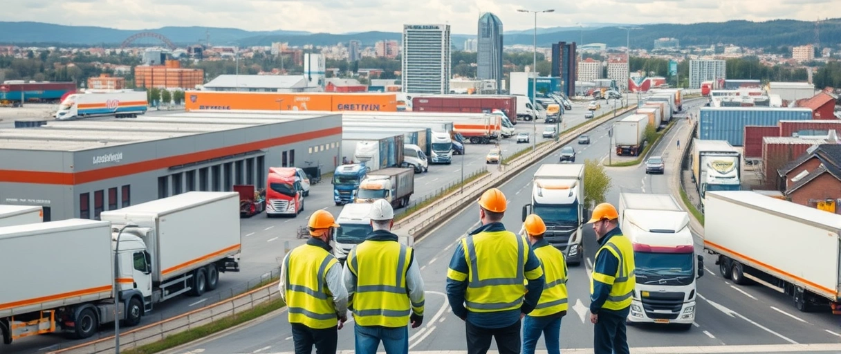 Das Bild zeigt eine dynamische Stadtansicht Augsburgs mit Lagerhallen, LKWs und vernetzten Transportrouten, vor der Fachkräfte in Arbeitskleidung zusammenarbeiten. Im Hintergrund verdeutlichen moderne Logistikzentren und globale Warenströme die vielfältigen Karrieremöglichkeiten in der Branche.