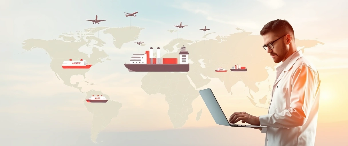 Ein Bild zeigt eine globale Landkarte mit Symbolen für Logistik wie Lkws, Containerschiffen und Lagerhäusern, kombiniert mit einem Profi, der an einem Laptop arbeitet. Im Hintergrund sind fliegende Flugzeuge und ein Netzwerk aus Transportrouten zu sehen.