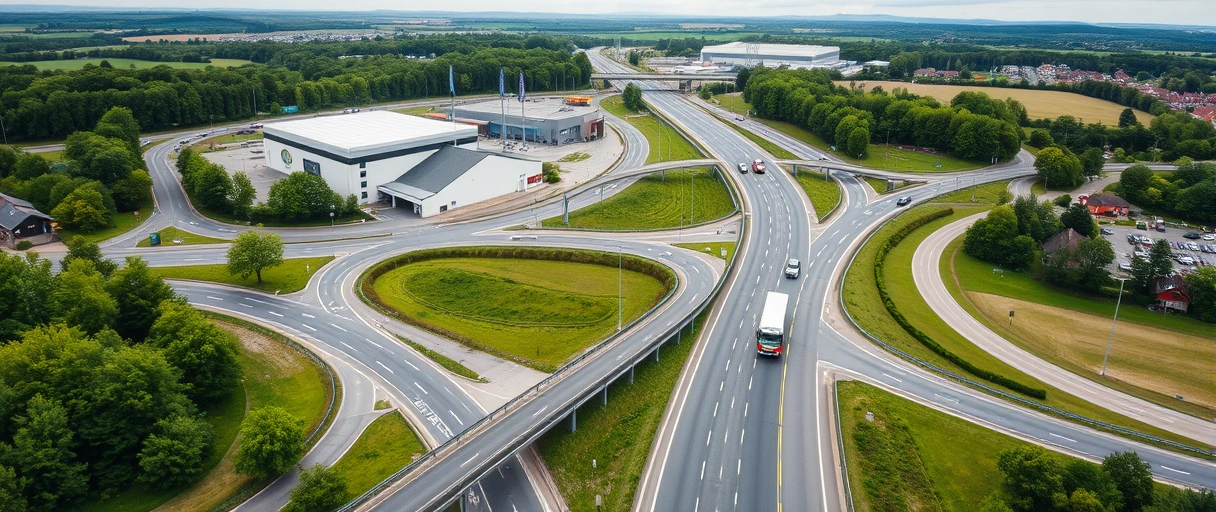 Ein Panorama der Stadt Bad Hersfeld mit nahen Autobahnkreuzen und modernen Logistikzentren, umgeben von grüner Landschaft. Lkws auf der Autobahn und Lagerhallen symbolisieren die dynamische Jobvielfalt in der Branche.