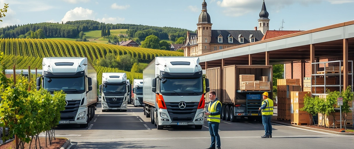 Ein modernes Logistikzentrum mit LKWs und Mitarbeitern in Sicherheitswesten vor der Kulisse von Weinbergen und historischer Architektur, umgeben von verkehrsgünstigen Transportrouten. Im Vordergrund sind Fachkräfte bei der Warenverteilung sowie Lagerarbeiter mit Tablets zu sehen.