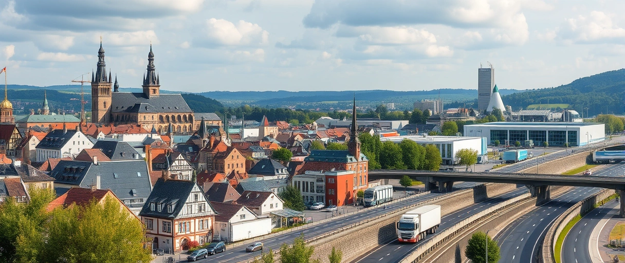 Ein Bild zeigt die historische Altstadt Bambergs mit mittelalterlicher Architektur im Hintergrund, während im Vordergrund moderne Logistikzentren, LKWs auf Autobahnen und ein dynamisches Gewerbegebiet zu sehen sind. Die Szene verbindet traditionellen Charme mit innovativer Wirtschaftskraft durch Verkehrsanbindungen und Firmengebäude.