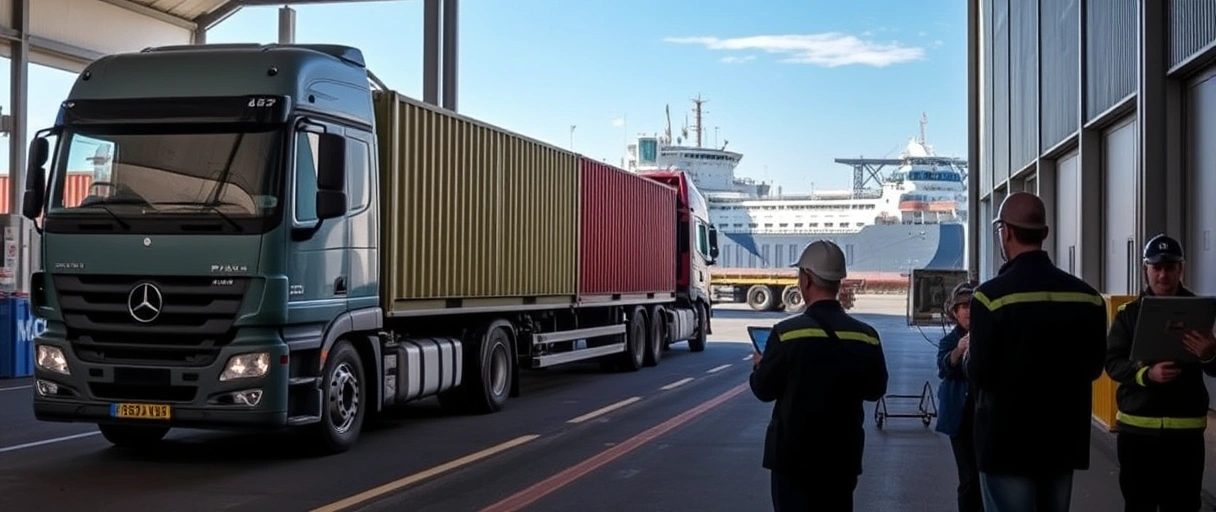Das Bild zeigt eine geschäftige Logistikszene am Basler Rheinhafen mit Frachtcontainern, einem LKW im Hintergrund und Mitarbeitern mit Tablets, die in einer modernen Lagerhalle arbeiten. Ein Gabelstapler transportiert Ware unter blauem Himmel, während im Hintergrund ein Frachtschiff auf dem Rhein vertäut ist.