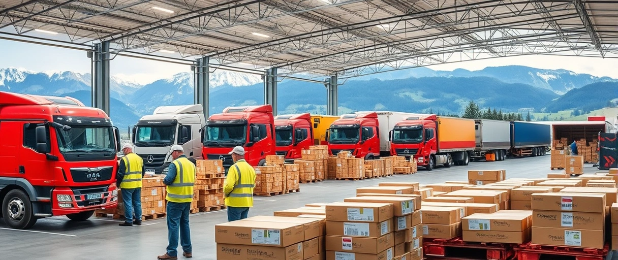 Ein dynamisches Lagerhaus in Bayern mit Arbeitern in Sicherheitswesten, die Pakete sortieren, während im Hintergrund LKWs und die bayerischen Berge zu sehen sind. Moderne Logistikinfrastruktur und teamorientierte Arbeitsatmosphäre verdeutlichen Karrieremöglichkeiten.