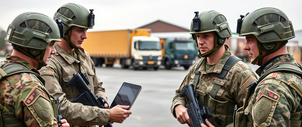 Ein Bild zeigt Soldaten der Bundeswehr in Einsatzuniform, die gemeinsam Logistikprozesse koordinieren – von der Verladung militärischer Ausrüstung auf Transporter bis zur digitalen Planung am Laptop in einem modernen Kommandostand. Im Hintergrund sind Szenen einer humanitären Hilfsmission mit Lastwagen und Lagerzelten zu sehen.