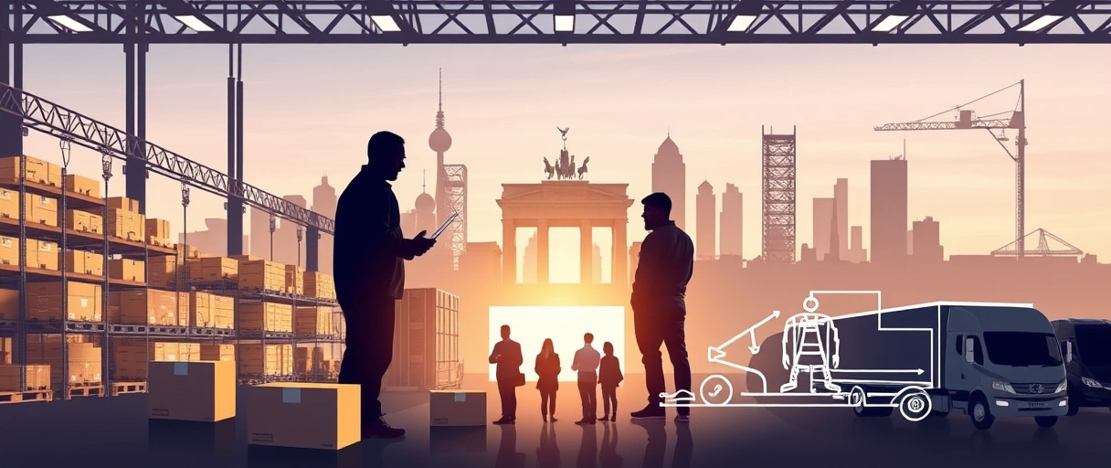 Ein dynamisches Bild zeigt eine moderne Lagerhalle in Berlin mit Mitarbeitern, die Pakete sortieren und Gabelstapler bedienen, vor der Silhouette der städtischen Skyline. Im Vordergrund diskutiert ein Team in Businesskleidung vor digitalen Liefernetzwerken auf einem Laptop, umgeben von Symbolen der Logistikbranche wie Kartons und Lieferfahrzeugen.