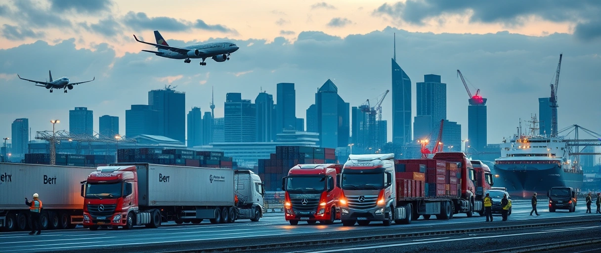 Ein dynamisches Bild zeigt moderne Logistikzentren mit LKWs, Frachtflugzeugen und Containerschiffen vor der Skyline Berlins, umgeben von Beschäftigten in Sicherheitsausrüstung und digitalen Lieferketten-Systemen. Im Hintergrund sind der Großflughafen BER und der Berliner Osthafen als pulsierende Knotenpunkte zu erkennen.