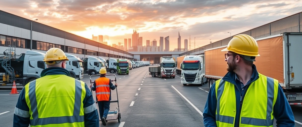 Ein dynamisches Industriegebiet in Berlin Spandau mit modernen Logistikzentren, Arbeitern in Sicherheitskleidung und Lastwagen im Hintergrund. Im Fokus stehen reibungslose Warenbewegungen und die Skyline des aufstrebenden Logistikstandorts.