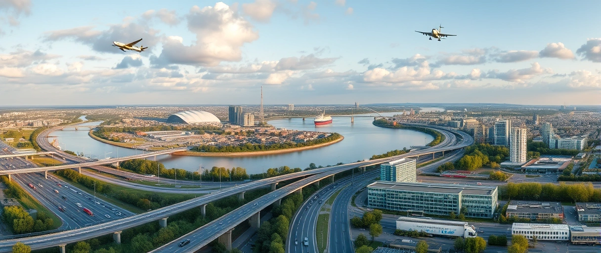 Ein Panoramabild von Bonn mit dem Rhein im Vordergrund, umgeben von Logistikzentren, LKWs auf Autobahnen, Frachtschiffen und Flugzeugen am Himmel, sowie modernen Bürogebäuden und Lagerhallen im Stadtgebiet.