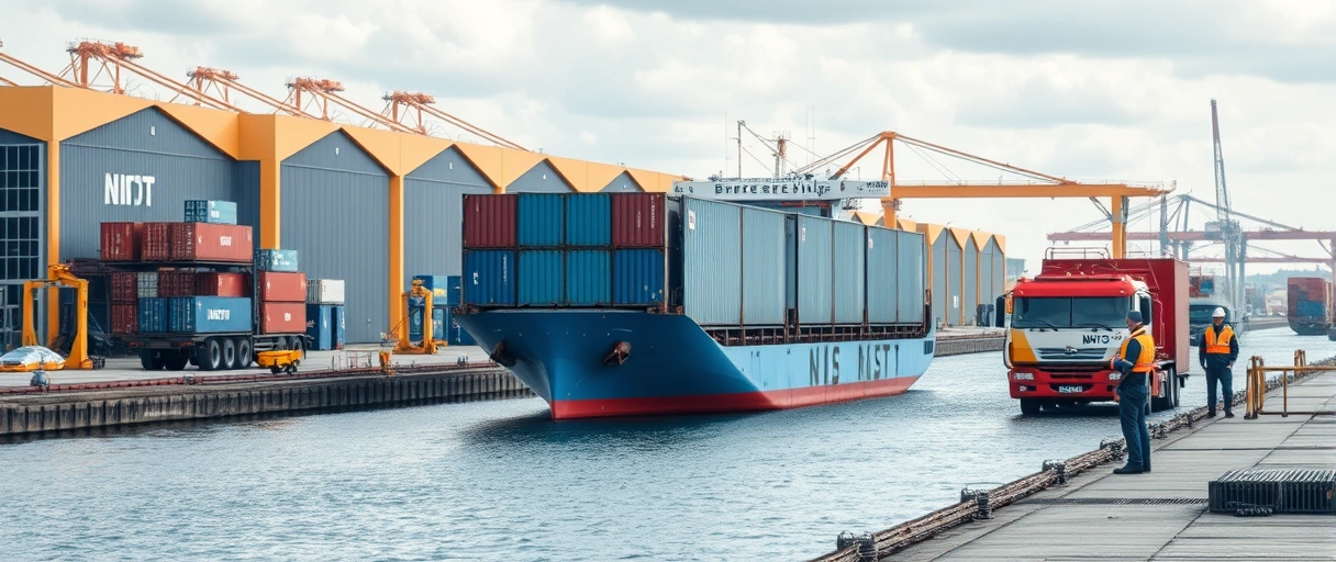 Ein Hafen mit Containern und Lastwagen im Vordergrund, symbolisch für Bremens starke Logistikbranche. Im Hintergrund moderne Lagerhallen und Arbeiter in Sicherheitswesten, die technologische Innovation und Arbeitsalltag verdeutlichen.
