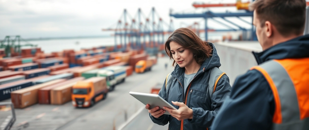 Ein dynamisches Hafengelände in Bremerhaven mit Containern, Kränen und Mitarbeitern in Arbeitskleidung, umgeben von modernen Logistikgebäuden und transportierenden LKWs. Im Vordergrund steht eine Person mit einem Tablet, die engagiert in einem Gespräch mit einem Kollegen ist, symbolisch für Karrieremöglichkeiten und Bewerbungsprozesse.