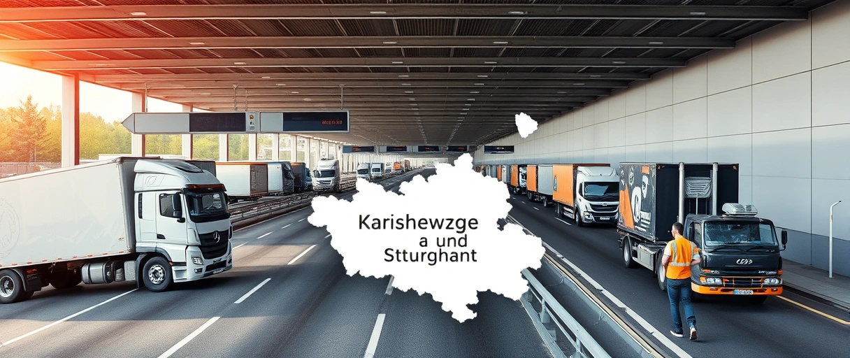 Ein dynamisches Logistikzentrum mit LKWs auf Autobahnen bei Bruchsal, Mitarbeitern in einem Lager und einer Karte, die die verkehrsgünstige Lage zwischen Karlsruhe und Stuttgart symbolisiert. Die Szene zeigt rege Aktivität und moderne Infrastruktur ohne Textelemente.