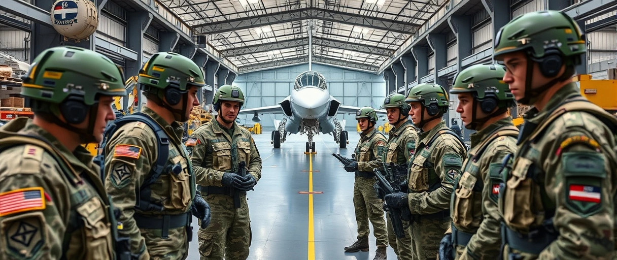 Soldierende in Uniform arbeiten gemeinsam mit modernen Lagerrobotern in einer hochtechnisierten Logistikhalle, während im Hintergrund Bundeswehr-Fahrzeuge für internationale Einsätze beladen werden. Die Szene vermittelt Teamwork, technische Innovation und die vielfältigen Herausforderungen militärischer Logistik.