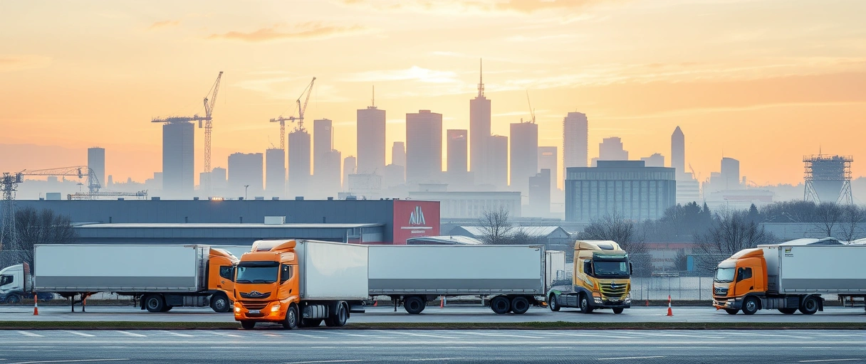 Ein dynamisches Stadtpanorama Böblingens mit Logistikzentren, Lagerhallen und Lastwagen im Vordergrund, vor der Silhouette bekannter Großunternehmen. Fachkräfte in Arbeitskleidung organisieren Lieferketten oder bedienen digitale Systeme in modernen Büros.