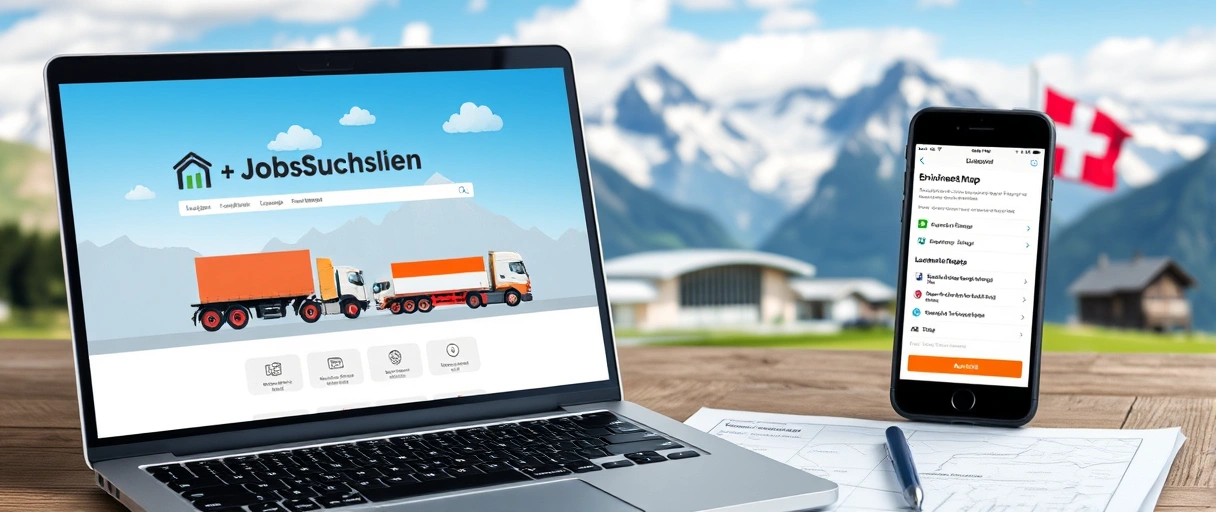 Ein Laptop zeigt eine Jobsuchseite mit Logistiksymbolen wie LKW und Lagerhalle im Hintergrund, vor einer Schweizer Berglandschaft mit Flagge. Daneben liegen eine Bewerbungsmappe und ein Smartphone mit geöffnetem Stellenportal.