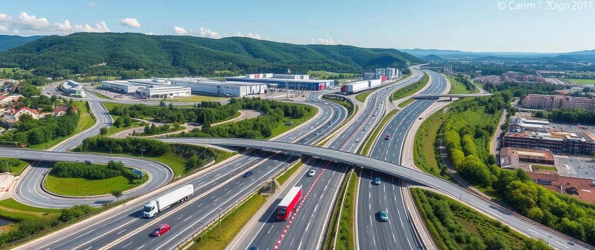 Das Bild zeigt eine Panoramaansicht von Cham mit Autobahnen, Schienen und LKWs vor modernen Logistikzentren, eingebettet in eine grüne Hügellandschaft. Im Vordergrund verdeutlichen vernetzte Verkehrswege die strategische Lage als Logistik-Drehkreuz.