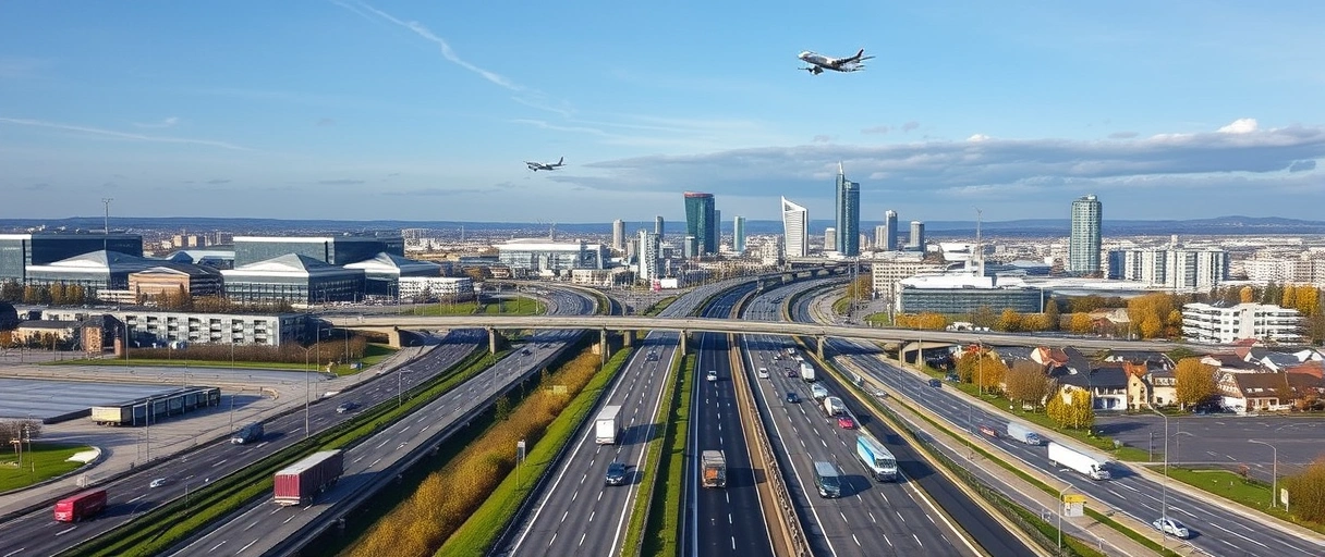 Ein dynamisches Stadtpanorama von Darmstadt mit vernetzten Autobahnen, LKWs im Verkehr und Lagerkomplexen im Vordergrund, während im Hintergrund Flugzeuge über dem nahen Frankfurter Flughafen abheben. Moderne Logistikzentren und innovative Firmengebäude spiegeln die pulsierende Branchenvielfalt der Wissenschaftsstadt wider.