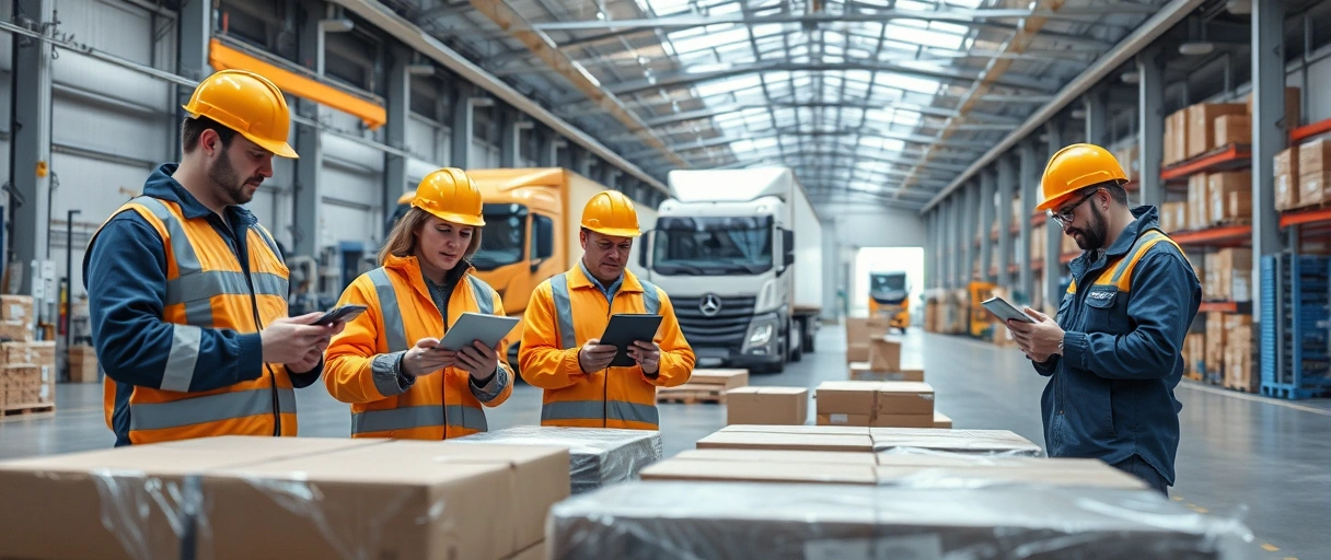 Ein dynamisches Bild zeigt eine moderne Lagerhalle in Deutschland mit Fachkräften, die mit Tablets, Gabelstaplern und Verpackungsmaterial arbeiten, während im Hintergrund Lkw und ein Logistiknetzwerk mit Routenplanung zu sehen sind. Die Szene vermittelt Teamarbeit, Technologieeinsatz und effiziente Abläufe in einem professionellen Umfeld.