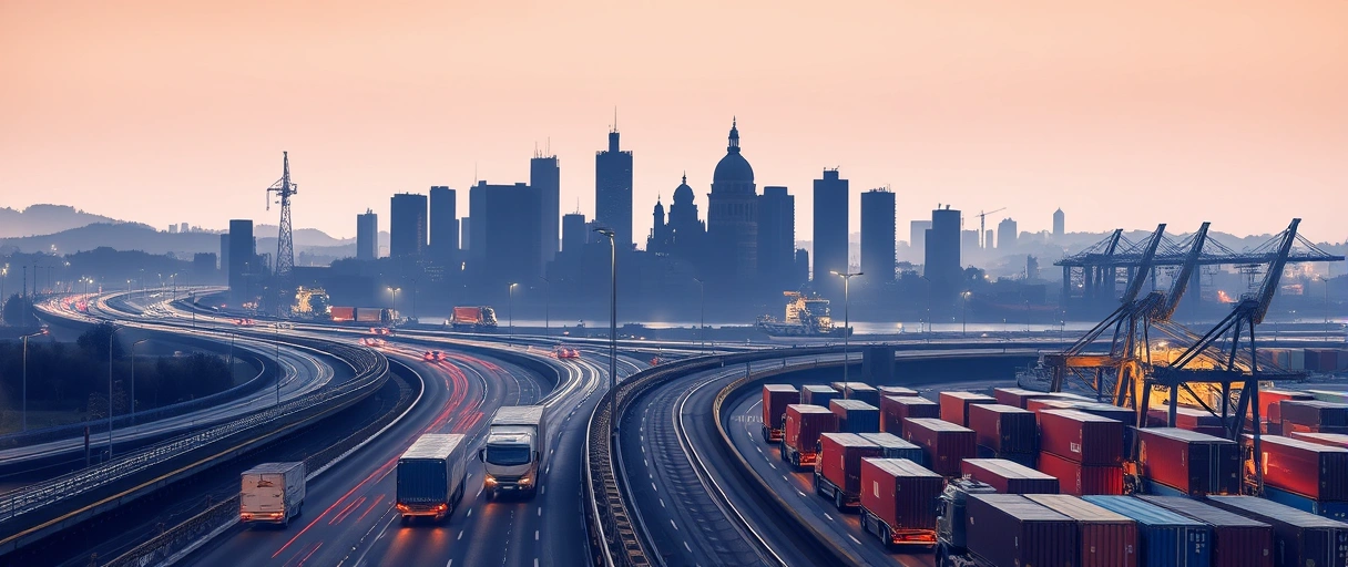 Das Bild zeigt eine lebhafte Stadtsilhouette Dortmunds mit Autobahnen, Schienensträngen und dem Hafen im Hintergrund, umgeben von Logistikzentren und LKW-Verkehr. Im Vordergrund arbeiten Mitarbeiter in modernen Lagerhallen an computergesteuerten Systemen, während im Hafen Container verladen werden.