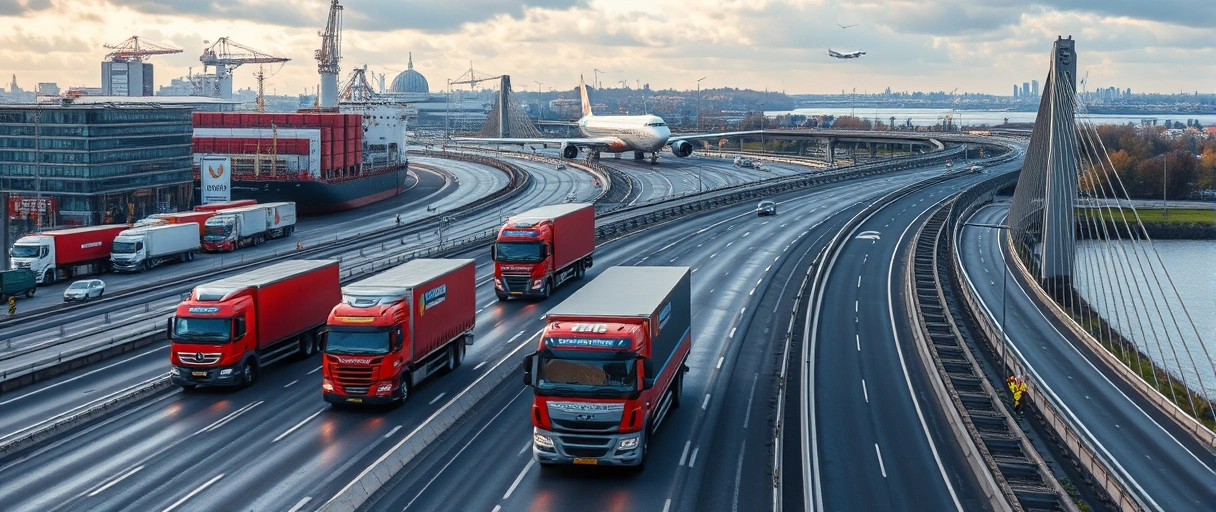 Ein dynamisches Stadtpanorama Dresdens mit Lastwagen auf Autobahnen, Frachtschiffen auf der Elbe und Flugzeugen im Hintergrund, umgeben von modernen Logistikzentren und Arbeitern in Sicherheitskleidung. Industriegebäude, Brücken wie die Elbbrücken und eine lebendige Atmosphäre unterstreichen den pulsierenden Logistikstandort.