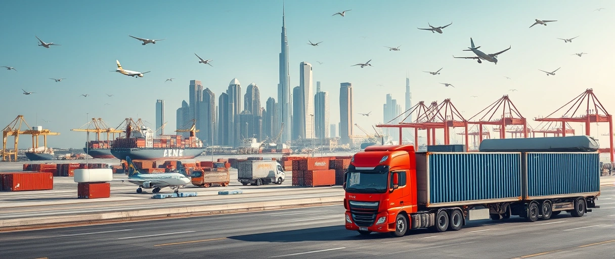 Ein dynamisches Bild mit Dubais Skyline im Hintergrund, umgeben von Frachtschiffen, Containern und Flugzeugen auf einem modernen Hafen- und Flughafengelände, das rege Logistikaktivitäten symbolisiert. Im Vordergrund sind vernetzte Transportmittel wie LKWs und Gabelstapler zu sehen, die Waren in einer futuristischen Smart-Logistics-Zone bewegen.