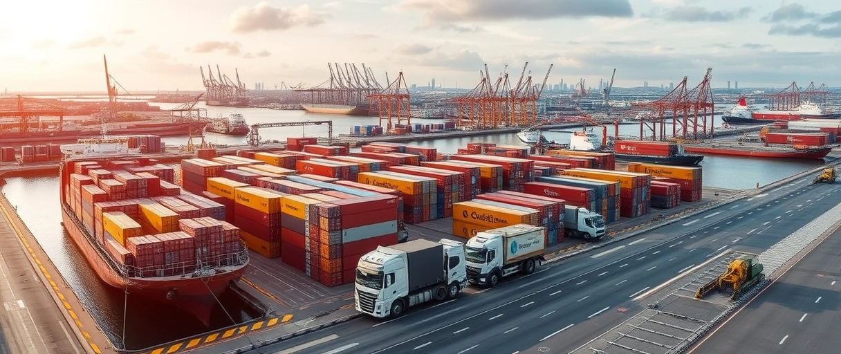 Ein modernes Logistikzentrum am Duisburger Hafen mit Containerschiffen, Lkws und aktiven Mitarbeitern, die in einer dynamischen Arbeitsumgebung Waren organisieren. Im Hintergrund erstreckt sich die Industrielandschaft der Stadt, symbolisch für ihre Rolle als europäischer Logistik-Hub.
