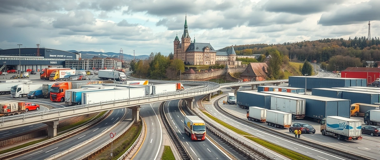 Ein Bild zeigt die zentrale Lage Eisenachs mit Autobahnanschlüssen und Logistikzentren, umgeben von Industriegebäuden namhafter Unternehmen. Arbeiter in Sicherheitskleidung organisieren Ware in einem modernen Lager, während die Wartburg im Hintergrund die Verbindung von Tradition und Wirtschaft symbolisiert.