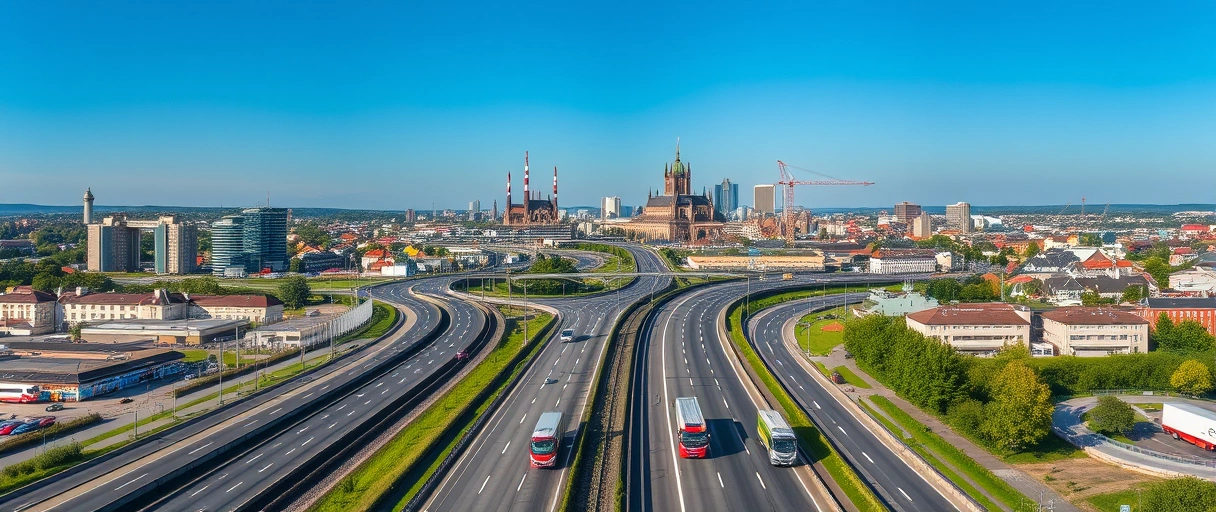 Ein Panorama der Stadt Erfurt mit Autobahnen, Güterzügen und dem Hafen im Vordergrund, umgeben von Logistikzentren und LKWs. Im Hintergrund ist die Skyline der Stadt mit einer kartografischen Hervorhebung ihrer zentralen Lage in Deutschland zu sehen.