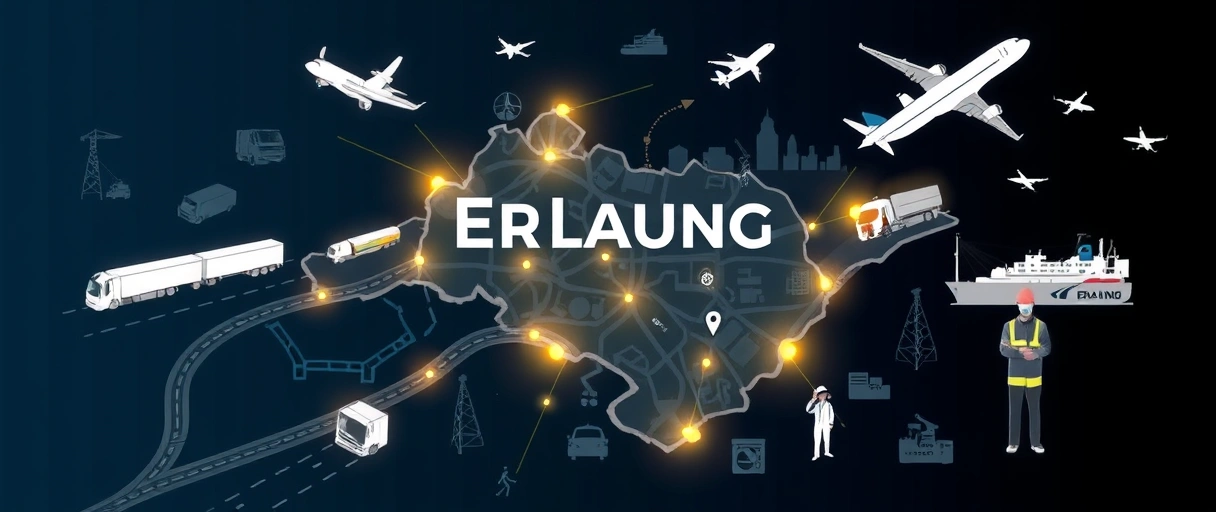 Ein dynamisches Bild zeigt eine Karte von Erlangen mit hervorgehobenen Autobahnen, Lkw, Frachtschiffen und Flugzeugen, umgeben von Lagerhallen und Fachkräften bei der Arbeit. Die Illustration betont die zentrale Lage und lebendige Logistikbranche der Stadt durch Symbole für Transport, Infrastruktur und berufliche Aktivität.