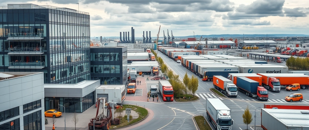 Ein dynamisches Bild zeigt die Stadt Essen mit einer Mischung aus modernen Bürogebäuden, Lagerhallen und Logistikfahrzeugen, während Fachkräfte in einer lebhaften Arbeitsumgebung interagieren. Im Hintergrund sind Industrieanlagen und ein aktiver Hafenbereich zu erkennen, die die Bedeutung des Standorts unterstreichen.