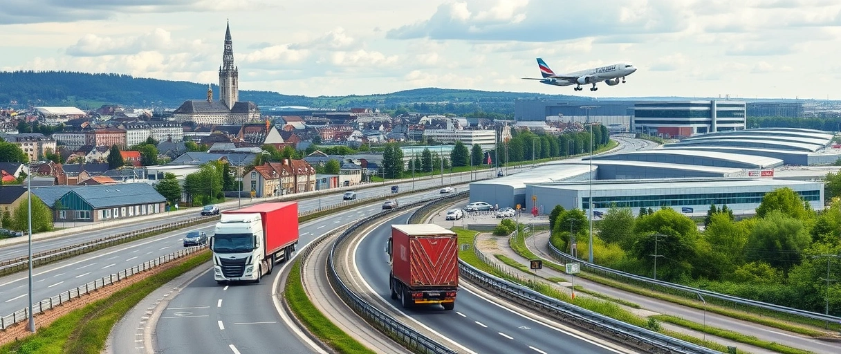 Ein Panoramablick zeigt Esslingens malerische Altstadt im Hintergrund, während im Vordergrund Logistik-LKWs auf Autobahnen, Züge auf Schienen und ein Flugzeug nahe dem Flughafen unterwegs sind. Industriegebäude und moderne Lagerhallen symbolisieren die vielfältigen Arbeitgeber der Branche.