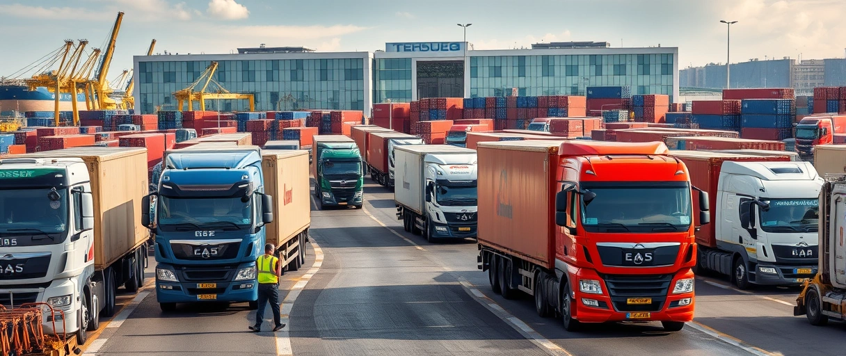 Ein dynamisches Hafengebiet in Flensburg mit Kränen, LKWs und Lagerhallen, während Fachkräfte in Sicherheitskleidung Container organisieren. Im Hintergrund sind moderne Bürogebäude zu sehen, die regionale Logistikunternehmen repräsentieren.