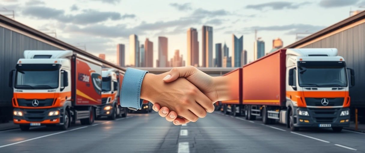 Ein modernes Logistikzentrum mit LKWs und Lagerhallen vor der Frankfurter Skyline, umgeben von professionellen Arbeitern in Sicherheitswesten und digitalen Bewerbungsunterlagen. Im Vordergrund symbolisiert ein Händedruck zwischen Bewerber und Personalmanager erfolgreiche Jobvermittlung in der Branche.
