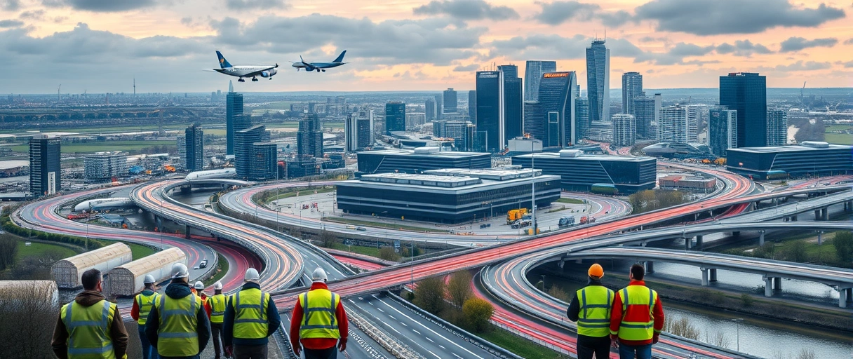 Ein dynamisches Stadtpanorama von Frankfurt mit Flughafen, Autobahn und Fluss zeigt Logistikaktivitäten wie Lkw, Frachtflugzeuge und ein Lagerhaus, umgeben von modernen Hochhäusern und Industriegebieten. Arbeiter in Sicherheitswesten und Symbole für E-Commerce, Pharma und Automobilbranche unterstreichen die vielfältigen Karrieremöglichkeiten.