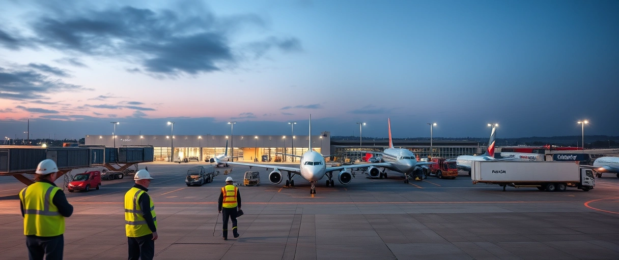 Ein dynamischer Blick auf den Frankfurter Flughafen mit Frachtflugzeugen, Logistikfahrzeugen und Lagerhallen im Hintergrund. Arbeiter in Sicherheitswesten organisieren Warenströme oder bedienen Gabelstapler auf dem beleuchteten Vorfeld bei Dämmerung.