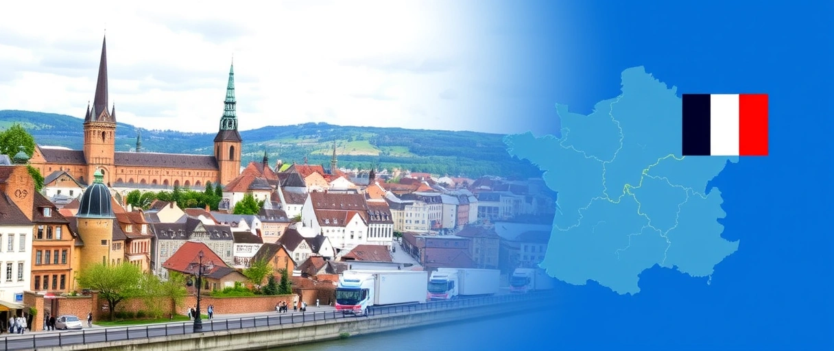 Ein Bild zeigt die Freiburger Altstadt mit historischen Gebäuden im Hintergrund, während im Vordergrund LKWs, Lagerhallen und ein Netzwerk aus Straßen und Schienen die Logistikbranche symbolisieren. Eine stilisierte Karte des Dreiländerecks (Deutschland, Frankreich, Schweiz) unterstreicht die strategische Lage der Stadt.