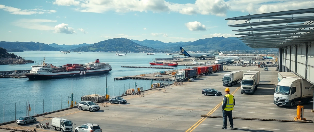 Ein Panorama des Bodensees mit Frachtschiffen im Hafen von Friedrichshafen, im Vordergrund arbeiten Menschen in Sicherheitskleidung an Logistikprozessen in einem modernen Lagerhaus. Im Hintergrund sind Flugzeuge am Flughafen und Lkws auf nahen Autobahnen zu sehen, umgeben von der malerischen Landschaft des Voralpengebiets.