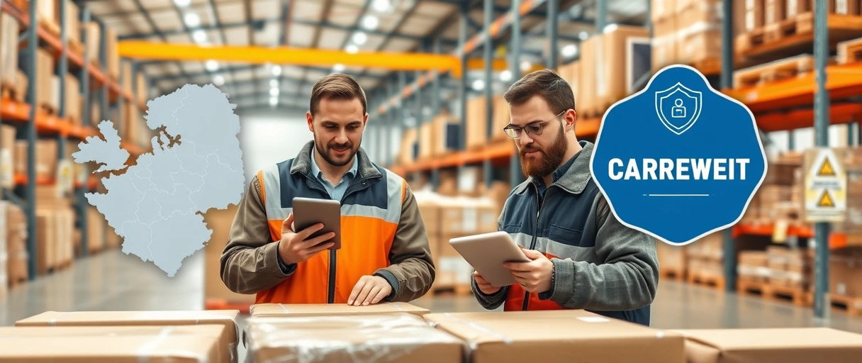 Ein dynamisches Bild zeigt Logistikmitarbeiter in einem modernen Lager in Fulda, die Ware mit Tablets und Gabelstaplern organisieren, während im Hintergrund eine stilisierte Karte der Region und ein Karriereweg-Symbol Motivation vermitteln.