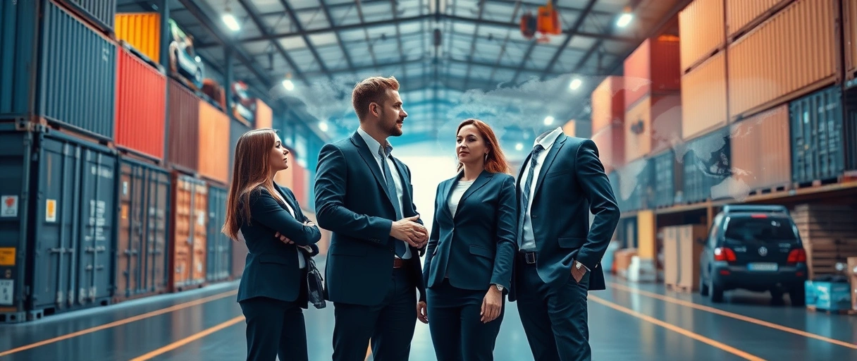 Ein dynamisches Bild zeigt Führungskräfte in modernen Logistikumgebungen, wie einem Lager mit Containern und digitalen Displays, die strategisch in Businesskleidung interagieren, um globale Lieferketten zu planen. Umgebungsdetails wie E-Commerce-Pakete, Autoteile und Weltkarten symbolisieren branchenübergreifende Karrieremöglichkeiten.