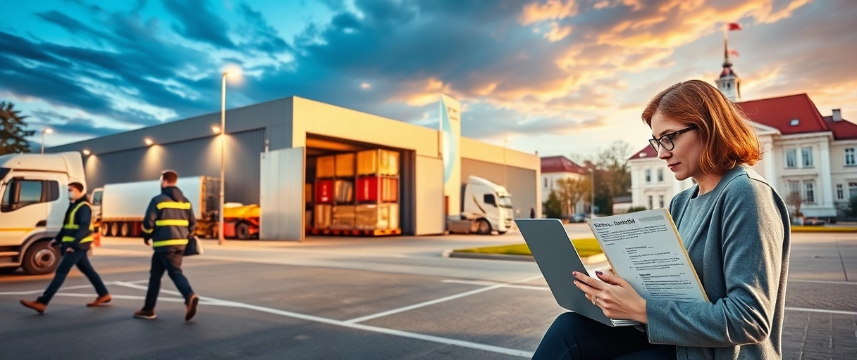 Ein dynamisches Bild zeigt ein modernes Logistikzentrum in Fürth mit Mitarbeitern, die Ware verladen, sowie eine Person bei der Bewerbungsvorbereitung mit Lebenslauf und Laptop. Im Hintergrund sind städtische Elemente wie das Fürther Rathaus und ein Gabelstapler im Einsatz zu sehen.
