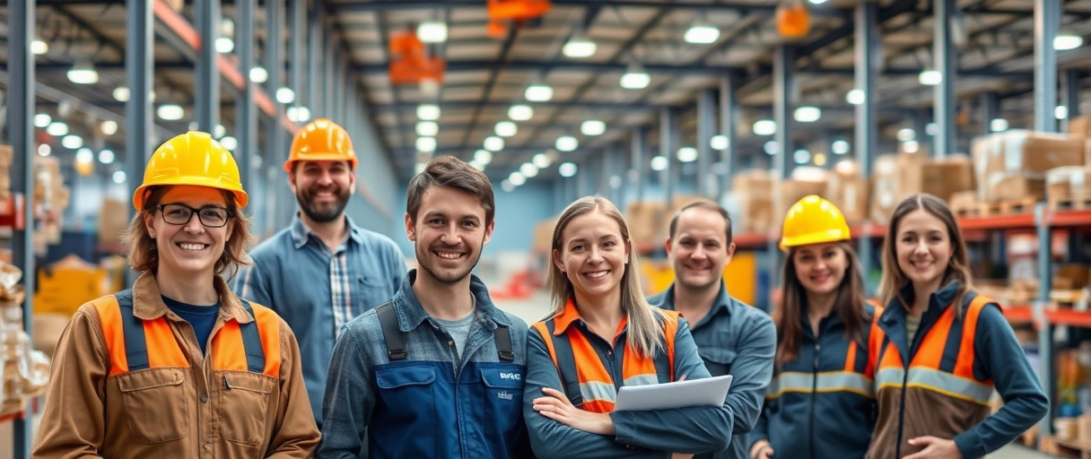 Ein dynamisches Logistikzentrum mit Mitarbeitern in verschiedenen Tätigkeiten, die durch moderne Technik und Teamarbeit Karrierechancen sowie zufriedene Gesichter als Hinweis auf attraktive Gehälter symbolisieren. Die Szene zeigt die Vielfalt der Branche von Lagerarbeit bis Führungsebene in einem deutschen Umfeld.