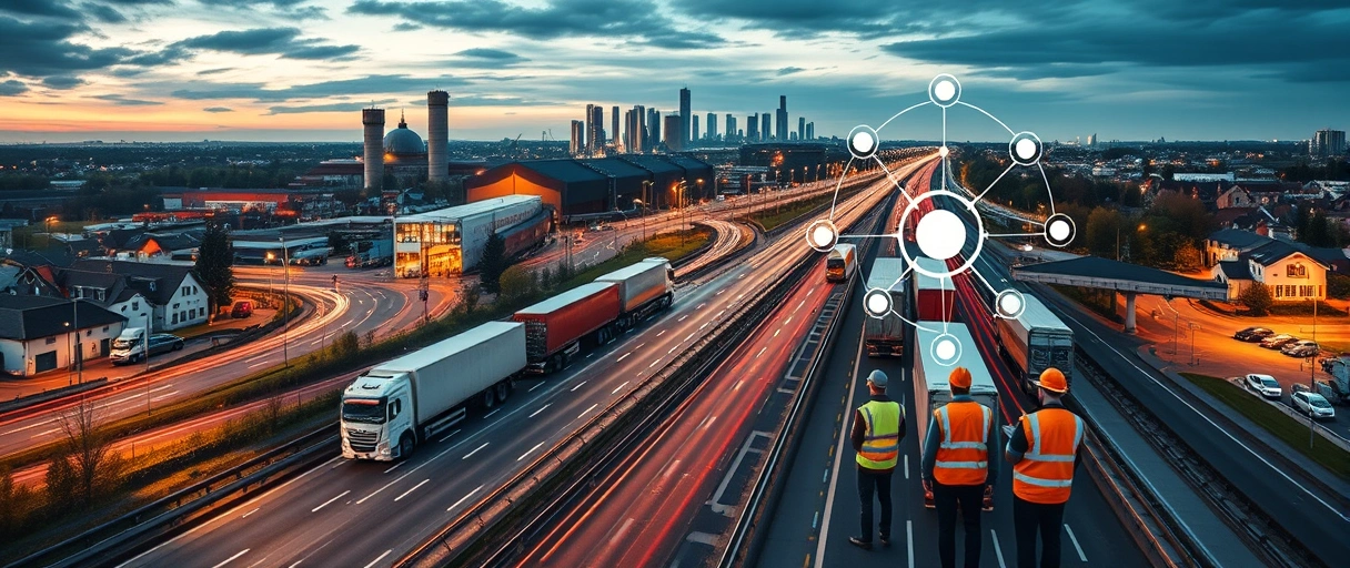 Ein modernes Stadtpanorama von Gießen mit angrenzenden Logistikzentren, LKWs auf Autobahnen sowie Beschäftigten in Sicherheitskleidung, die Ware in einem Lager verwalten. Im Vordergrund symbolisieren eine digitale Bewerbung auf einem Tablet und ein Netzwerkdiagramm Karrierechancen in der Branche.