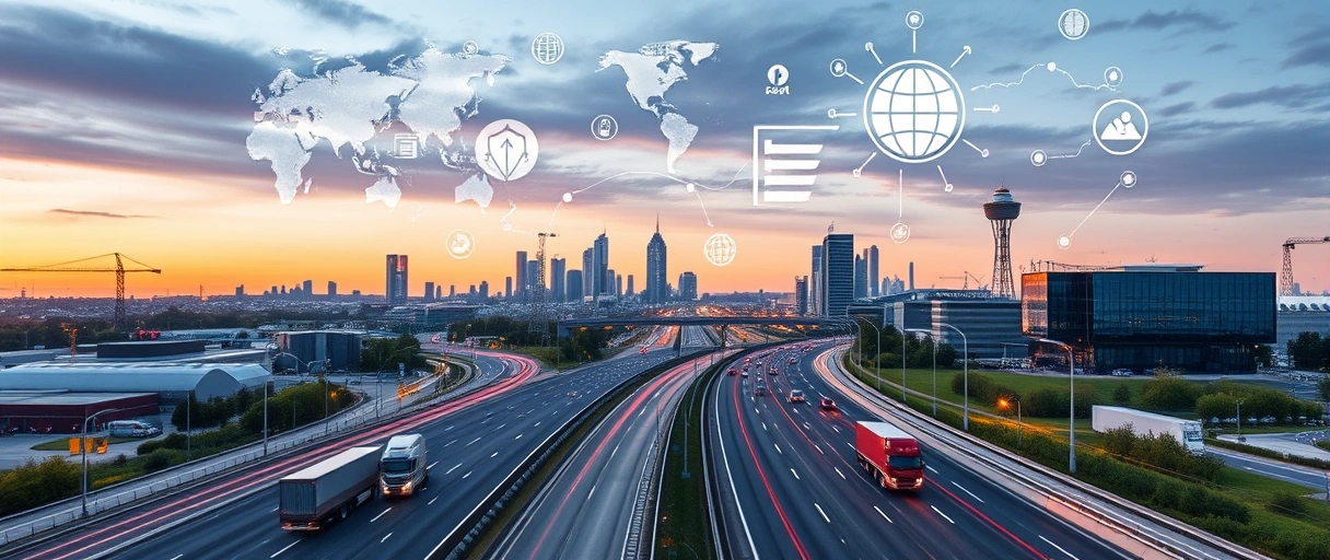 Das Bild zeigt eine städtische Skyline mit Logistikzentren, LKWs auf der nahen Autobahn A4 und modernen Lagerhallen, umgeben von einer vernetzten Unternehmenslandschaft. Im Vordergrund symbolisieren ikonische Elemente wie Weltkugeln, Transportfahrzeuge und digitale Innovationen die Vielfalt der Logistikbranche in Gotha.
