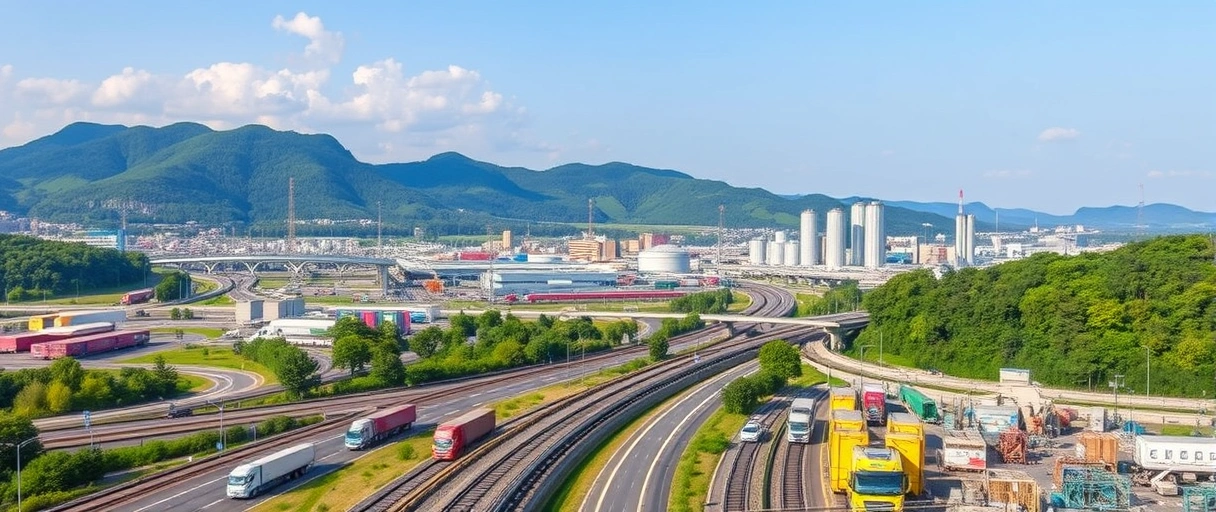 Ein Panorama der Grazer Skyline mit Industriegebieten, LKWs auf Autobahnen und Schienenverkehr, umgeben von grünen Hügeln. Im Vordergrund arbeiten Menschen in modernen Lagerhallen mit digitalen Geräten und Paletten.