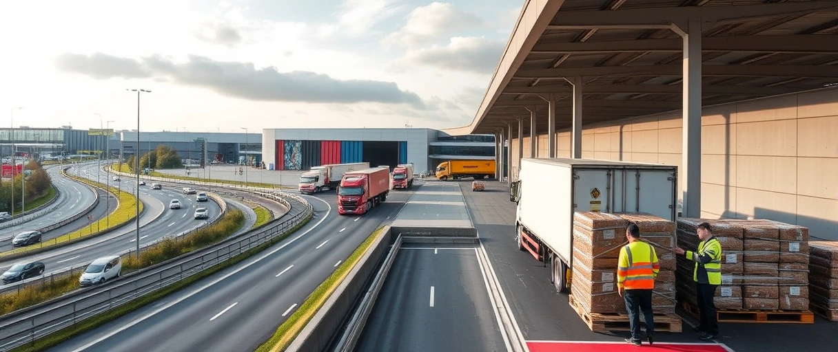 Ein Bild zeigt eine moderne Lagerhalle mit LKWs vor einem Gütersloher Stadtpanorama, verbunden durch Autobahnen mit fließendem Verkehr. Im Vordergrund sind dynamische Logistikaktivitäten wie beladene Paletten und Mitarbeiter in Sicherheitskleidung zu sehen.
